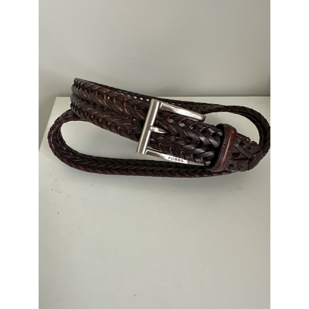 Fossil Belt Mens 38 Braided Leather Brown Adjustable Woven Classic